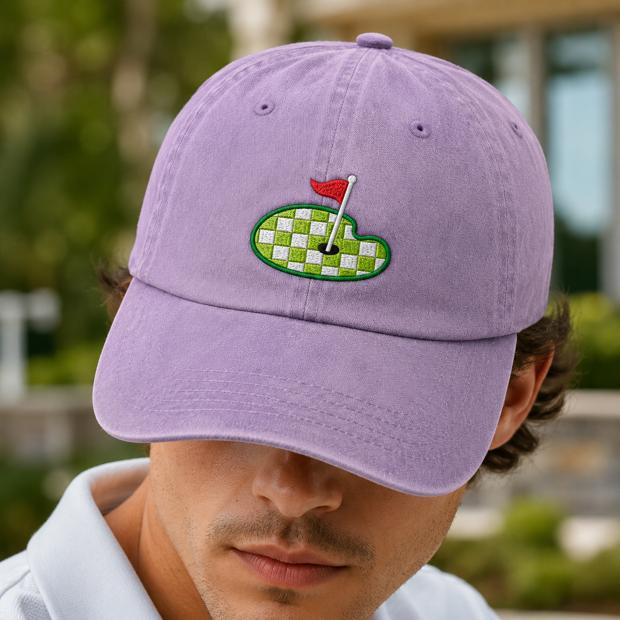 Checkered Golf Green Washed Cap, Embroidered Golf Flag Hat for Golfers - Washed Cap - lifestyle view 4