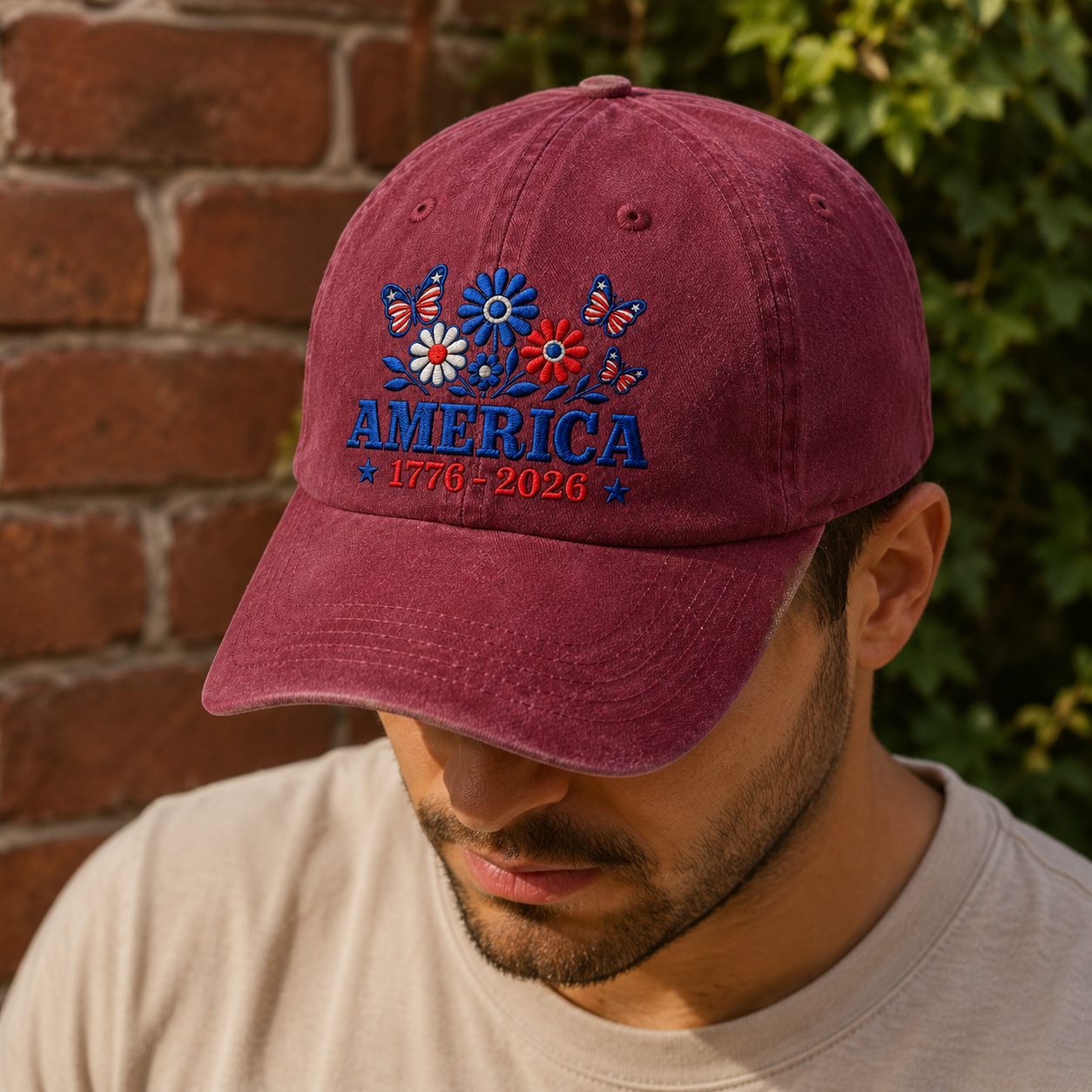 America 1776-2026 Floral Washed Cap, Patriotic Butterfly Headwear - washed cap - detail view