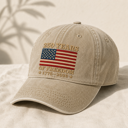 250 Years of Freedom Washed Cap, 1776-2026 American Flag 250th Anniversary Hat - washed cap - lifestyle view 3