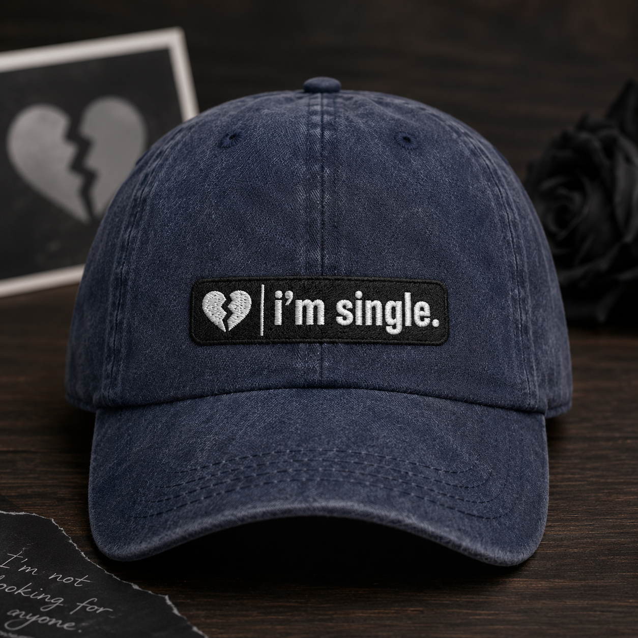 I'm Single Washed Cap, Broken Heart Patch Hat for Singles - Washed Cap - front view