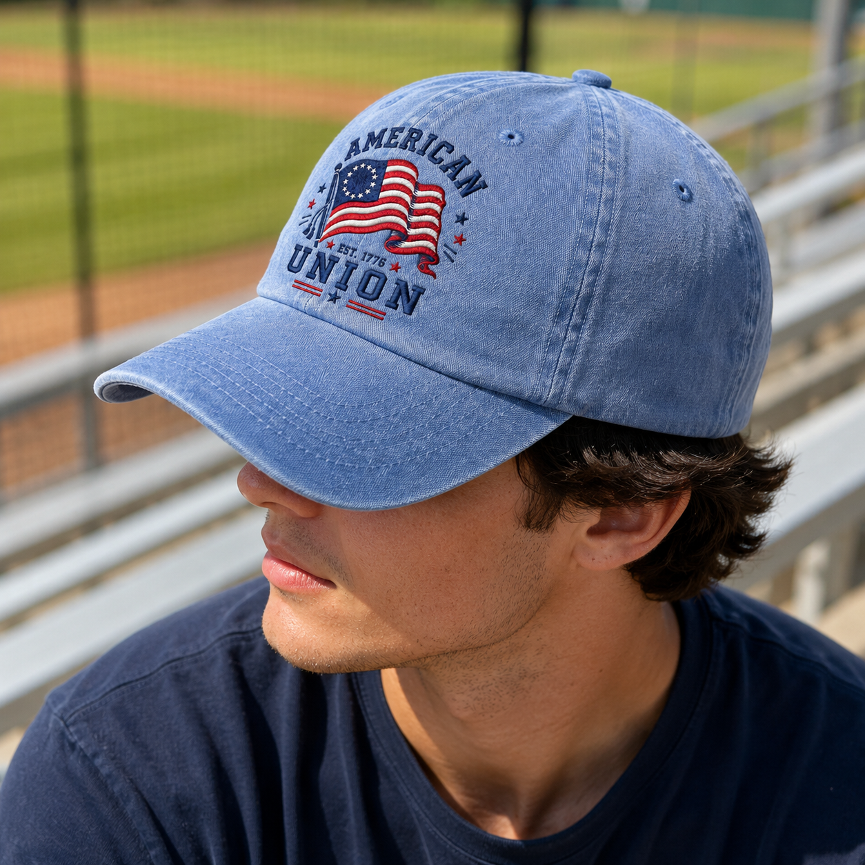 American Union Washed Cap, Est. 1776 Flag Design, Patriotic Embroidered Dad Hat - washed cap - lifestyle view 7