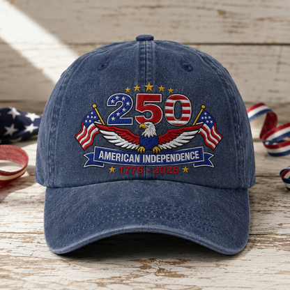 250 American Independence Washed Cap, 1776-2026 Patriotic Eagle Hat - washed cap - front view