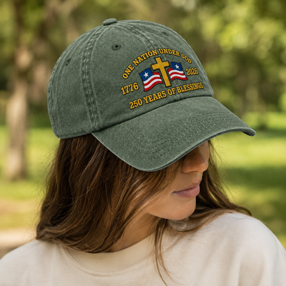 One Nation Under God Washed Cap, 1776 2026 250 Years of Blessings Patriotic Christian Hat - washed cap - lifestyle view 7