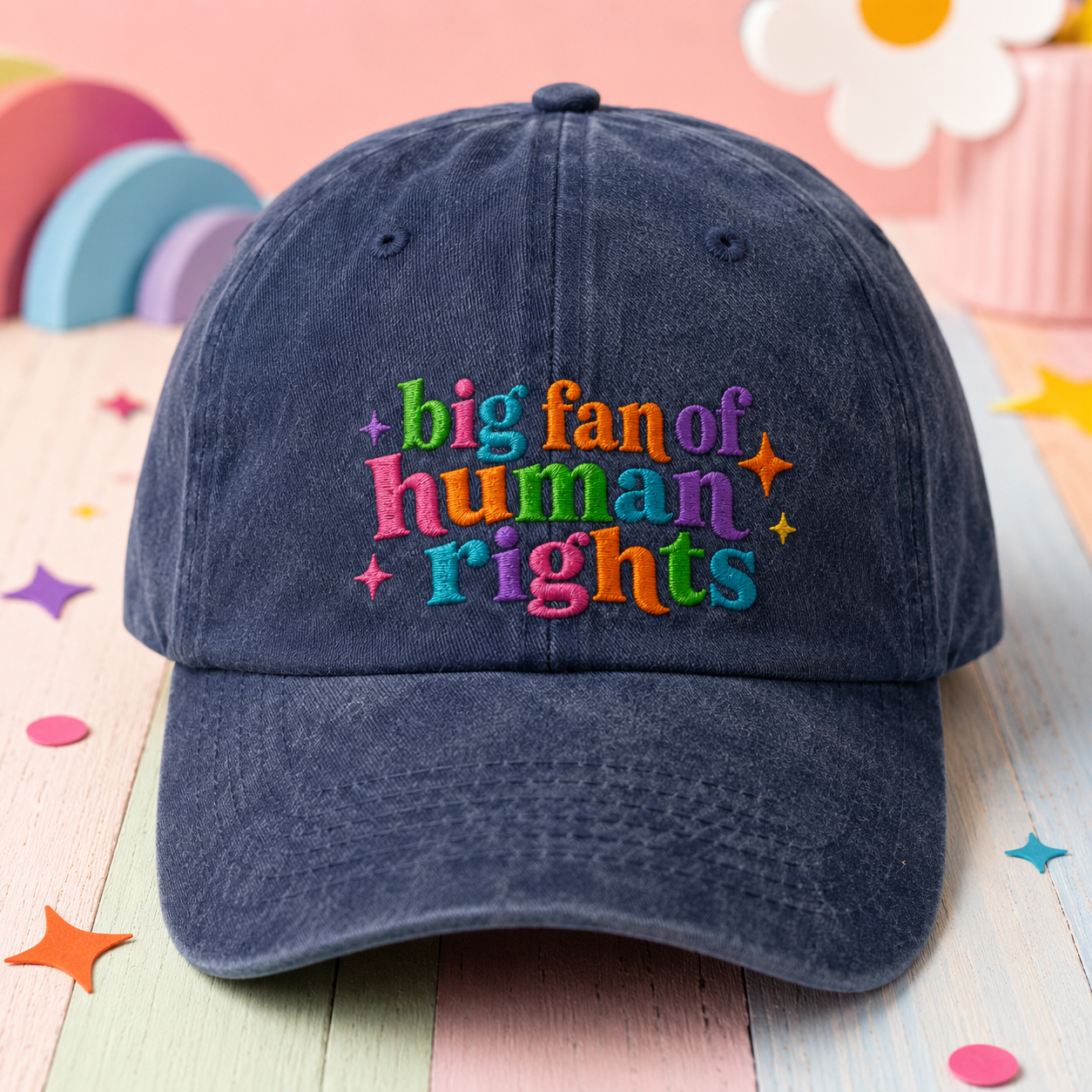 Big Fan of Human Rights Washed Cap, Colorful Embroidered Activist Hat - Washed Cap - front view