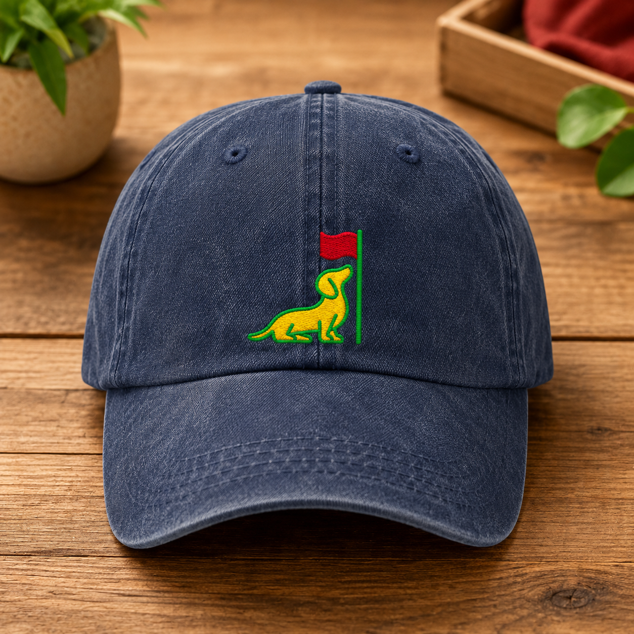 Dachshund Golf Flag Washed Cap, Embroidered Doxie Hat for Pet Owners - Washed Cap - front view