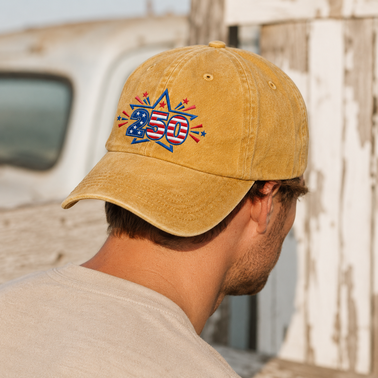 250 Patriotic Washed Cap, Red White Blue Stars USA 250th Birthday Hat - washed cap - lifestyle view 9