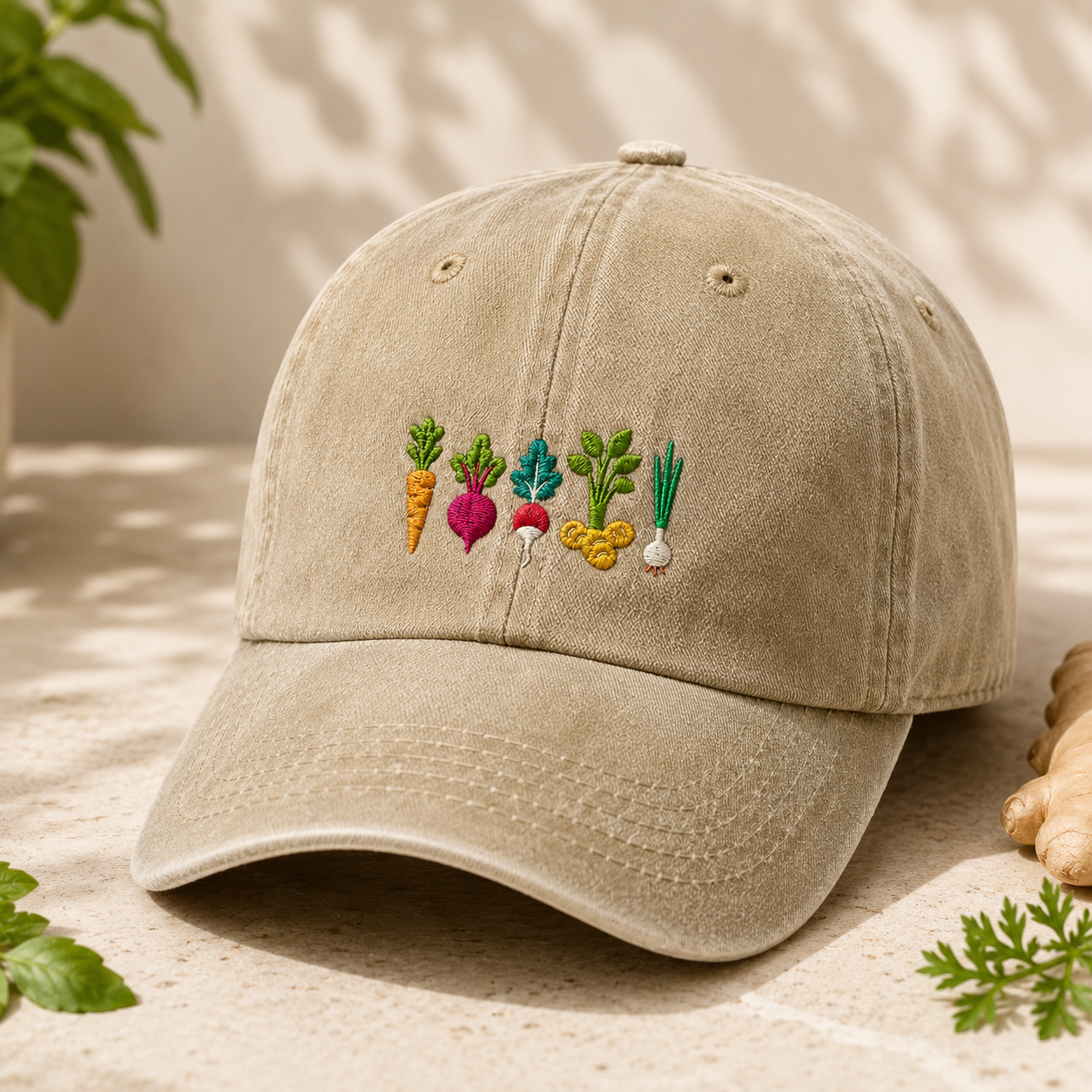 Root Vegetable Washed Cap, Embroidered Gardening Hat for Veggie Growers - Washed Cap - detail view
