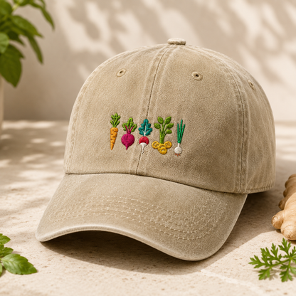 Root Vegetable Washed Cap, Embroidered Gardening Hat for Veggie Growers - Washed Cap - detail view