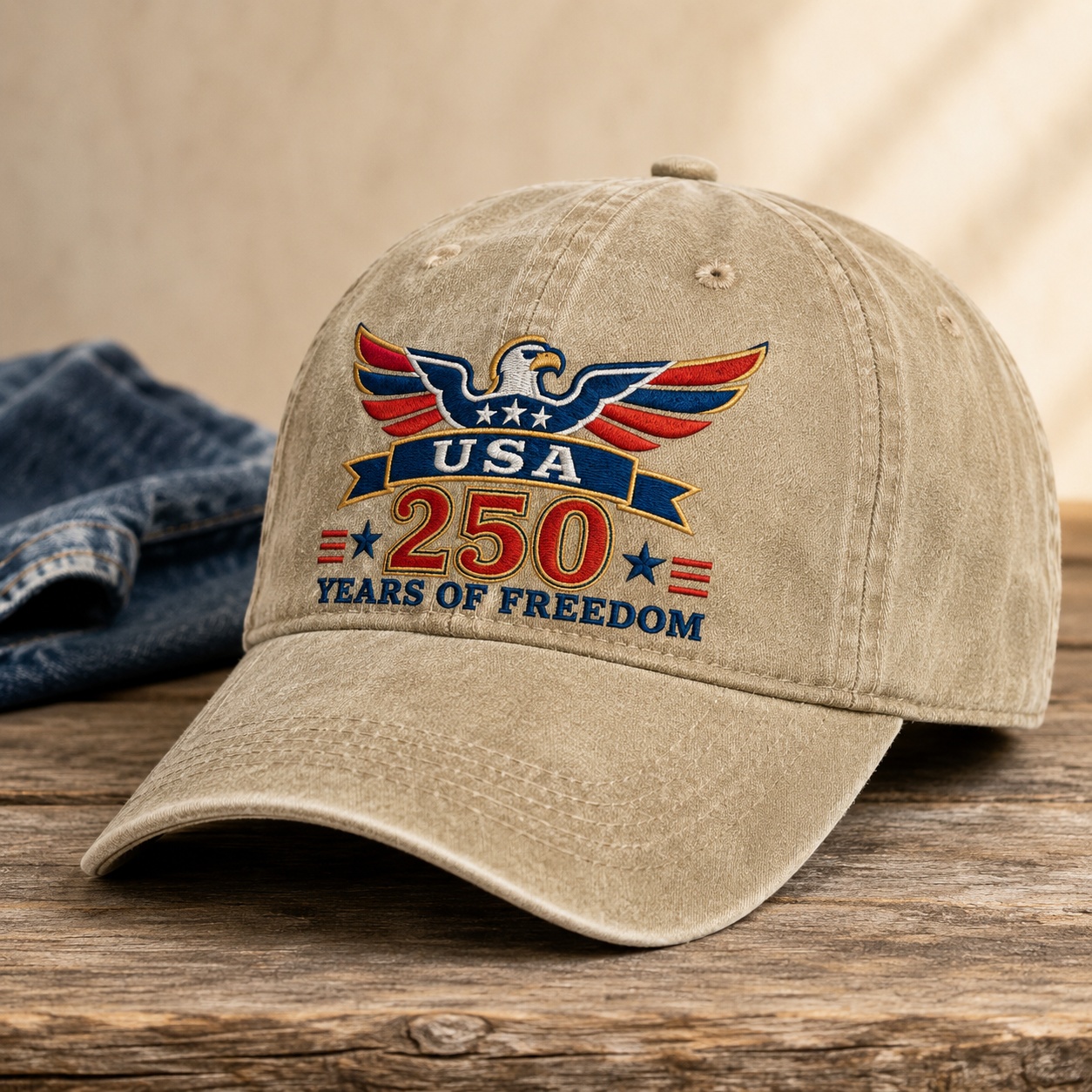 USA 250 Years of Freedom Washed Cap, Patriotic Eagle Hat for America 250th Anniversary - washed cap - lifestyle view 2