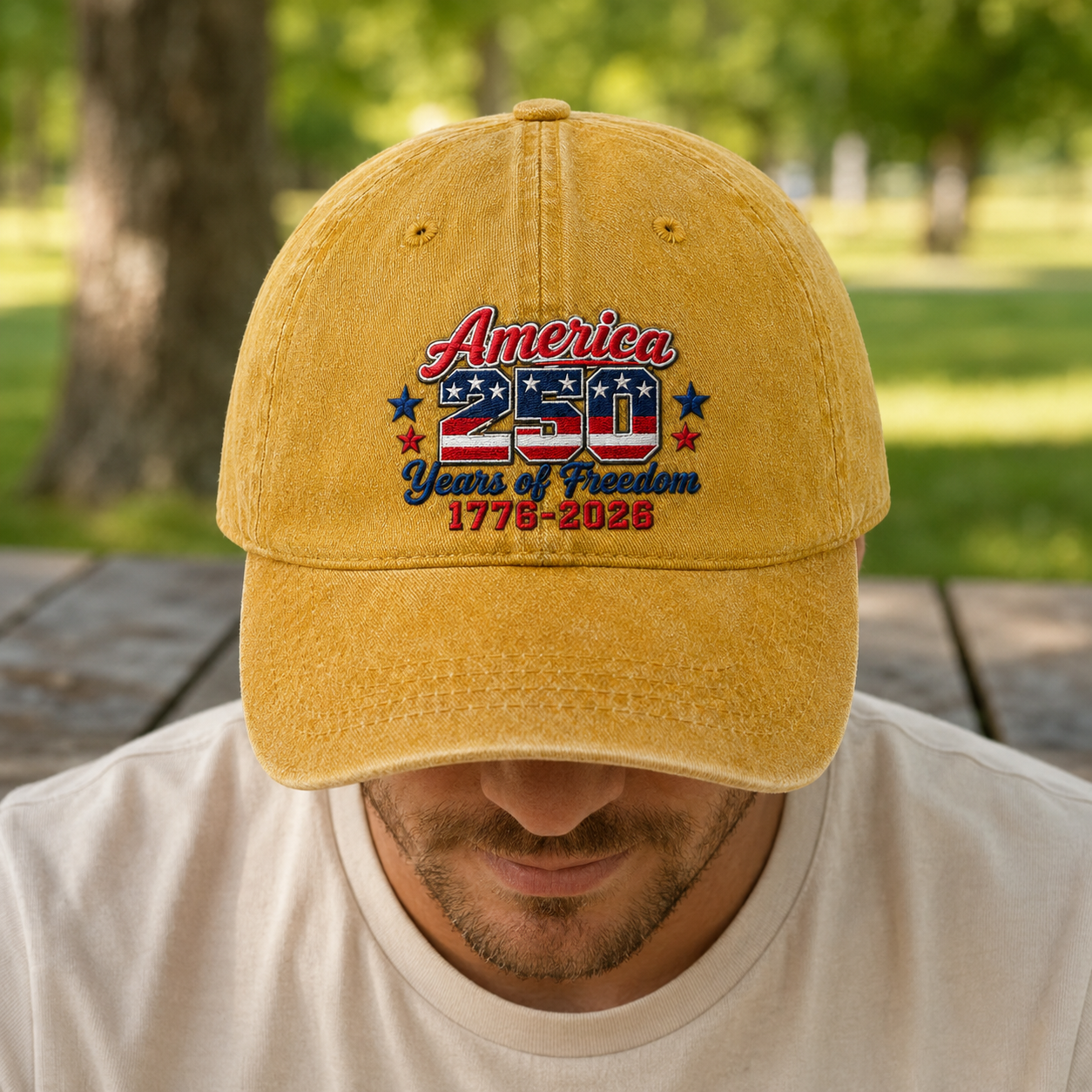 USA 250th Birthday Washed Cap, America 250 Years of Freedom 1776-2026 Patriotic Hat - washed cap - lifestyle view 7