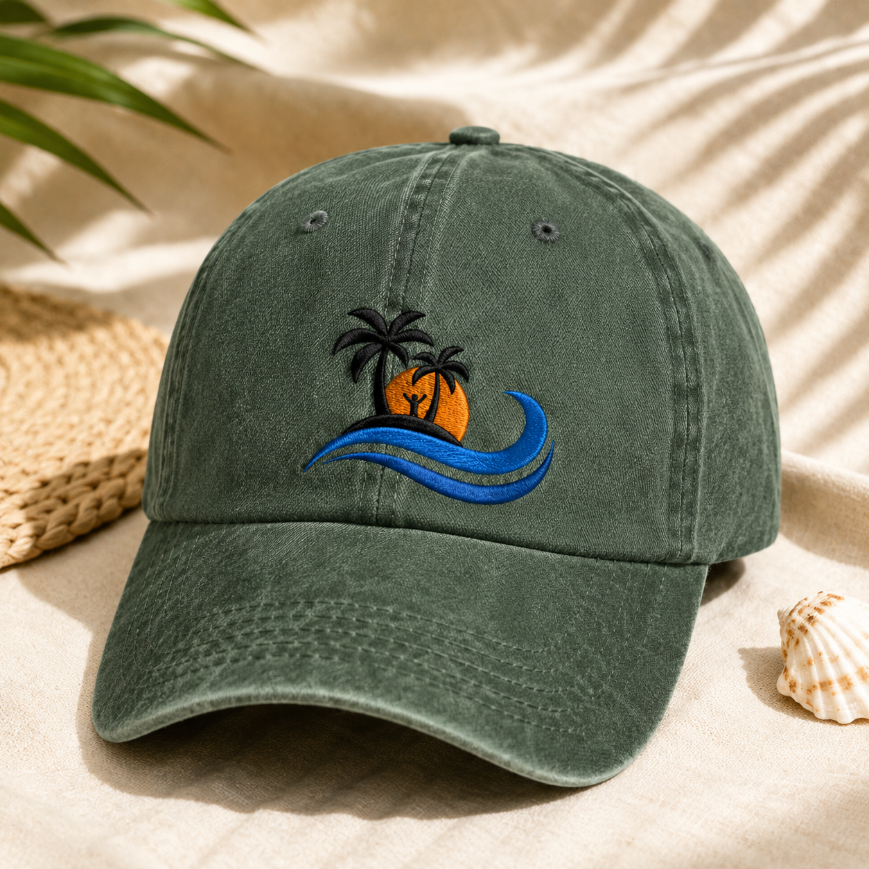 Island Sunset Embroidered Washed Cap, Ocean Wave Palm Tree Beach Hat - Washed Cap - lifestyle view 2