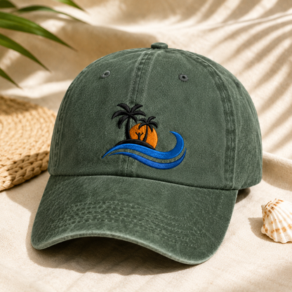 Island Sunset Embroidered Washed Cap, Ocean Wave Palm Tree Beach Hat - Washed Cap - lifestyle view 2