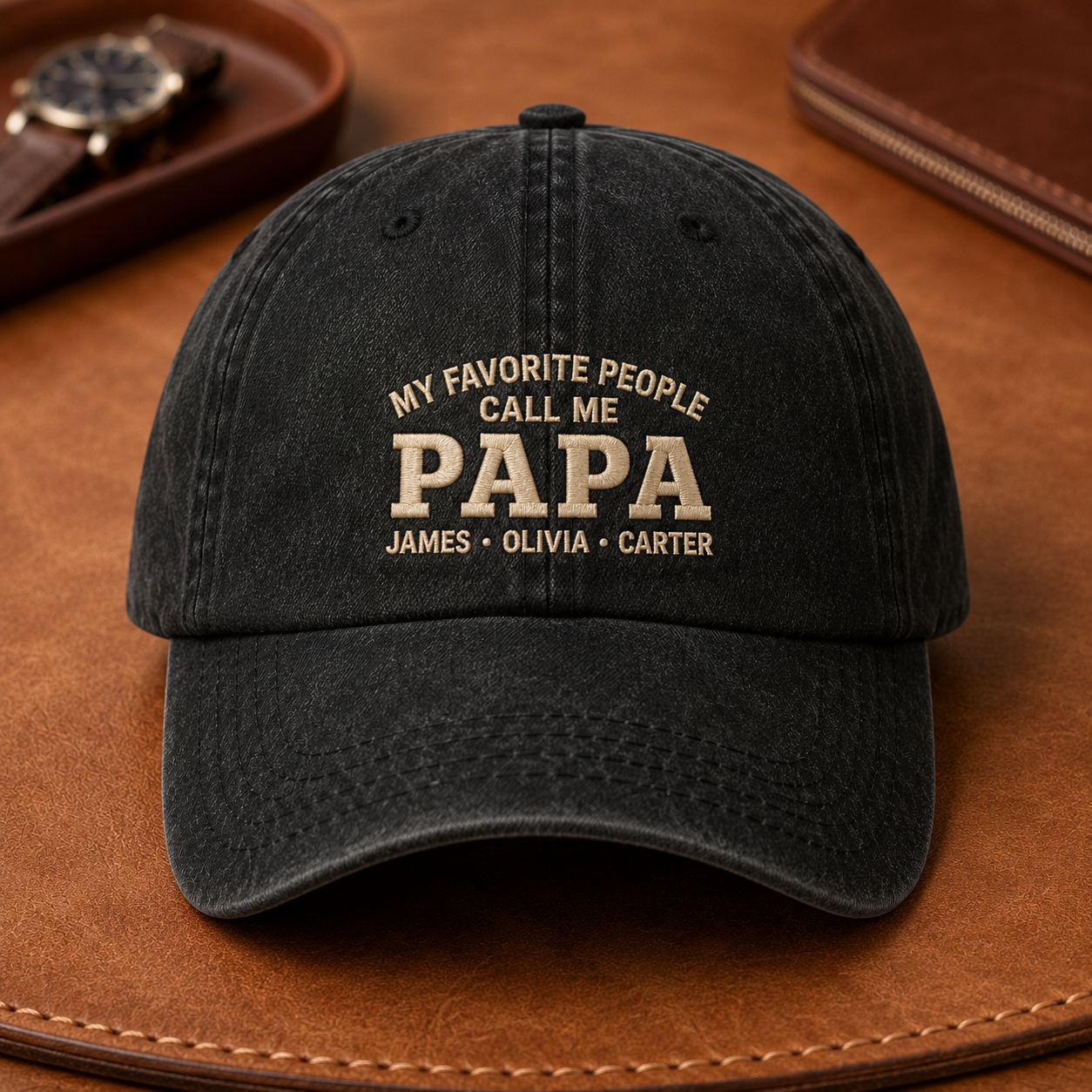 My Favorite People Call Me Papa Washed Cap, Personalized Grandpa Hat with Grandkids Names - Washed Cap - lifestyle view 4