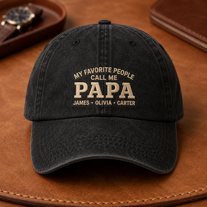 My Favorite People Call Me Papa Washed Cap, Personalized Grandpa Hat with Grandkids Names - Washed Cap - lifestyle view 4