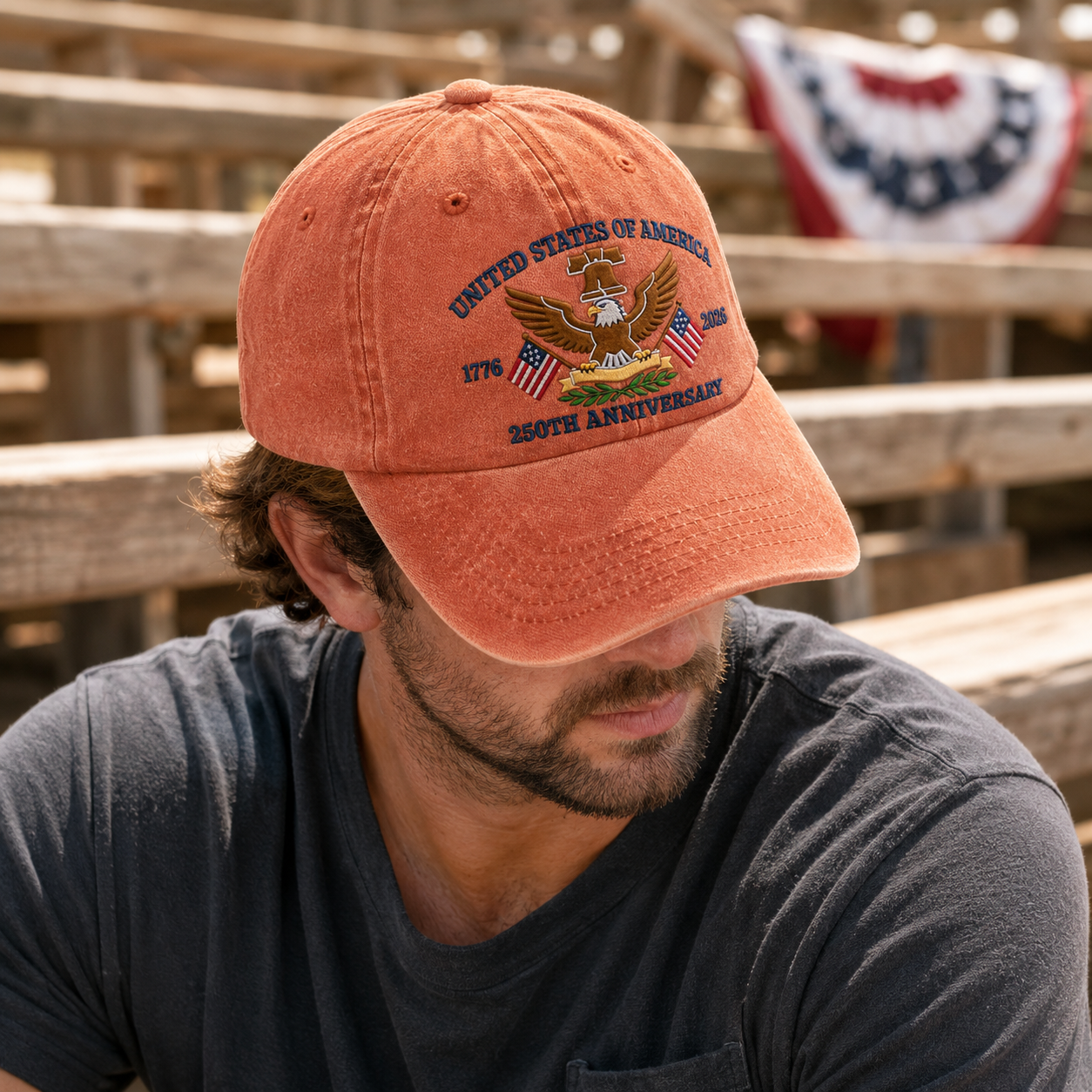 United States of America 250th Anniversary Washed Cap, 1776 2026 Patriotic Eagle Hat - washed cap - detail view