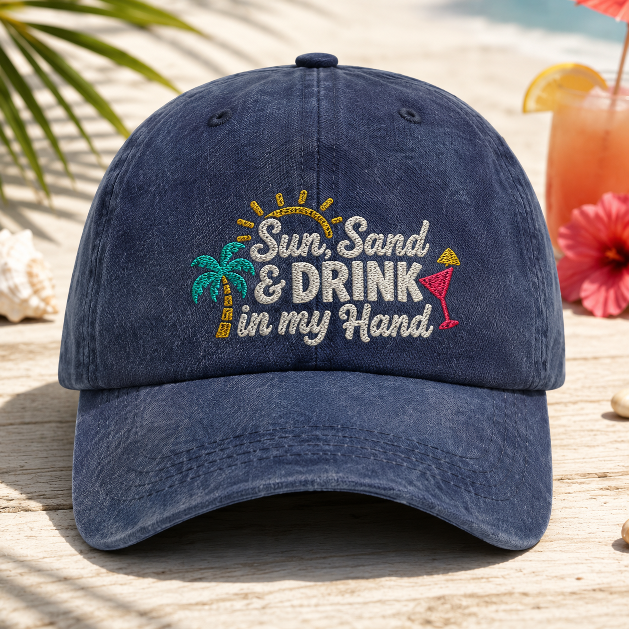 Sun Sand & Drink in my Hand Washed Cap, Beach Vacation Cocktail Hat - Washed Cap - front view