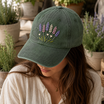 Lavender Wildflower Washed Cap, Embroidered Floral Hat for Garden Lovers - washed cap - lifestyle view 7