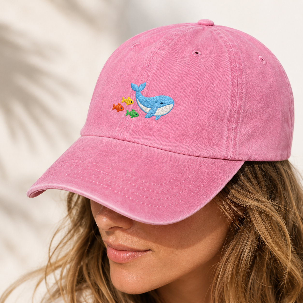 Whale and Fish Embroidered Washed Cap, Ocean Animal Dad Hat - Washed Cap - lifestyle view 4