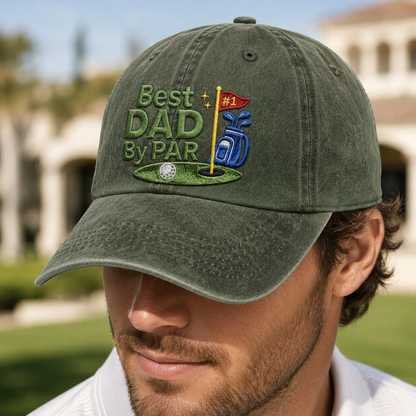 Best Dad By Par Washed Cap, Funny Golf Father Embroidered Hat - Washed Cap - lifestyle view 4