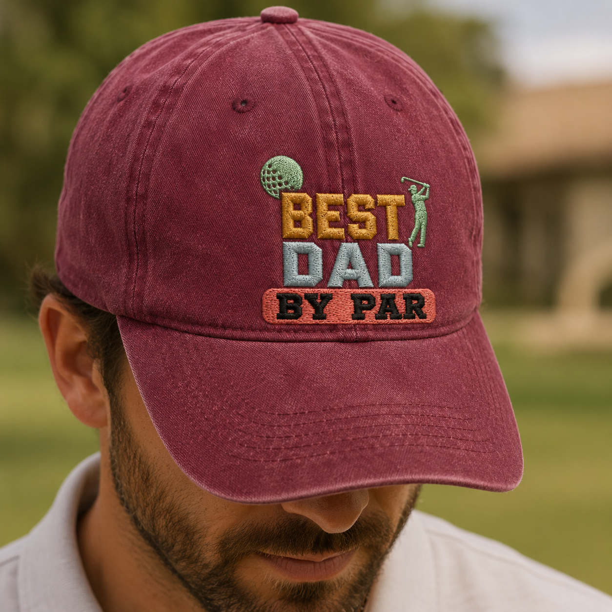 Best Dad By Par Washed Cap, Golf Dad Embroidered Hat for Father's Day - Washed Cap - lifestyle view 3
