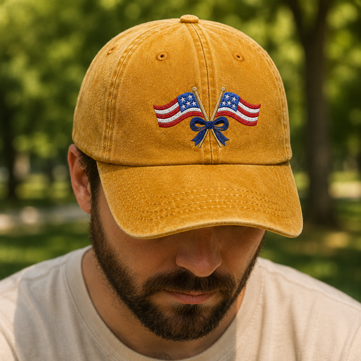 Patriotic Crossed Flags Washed Cap, USA Bow Embroidered Hat for Independence Day - washed cap - lifestyle view 8