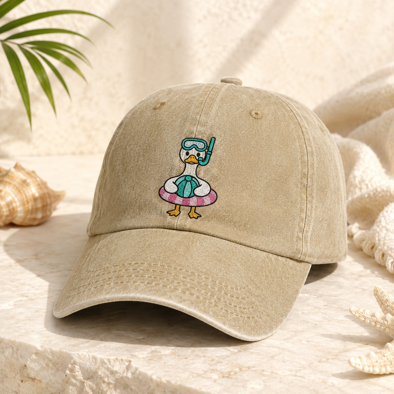 Snorkel Duck Washed Cap, Beach Bird Embroidered Summer Hat - Washed Cap - detail view