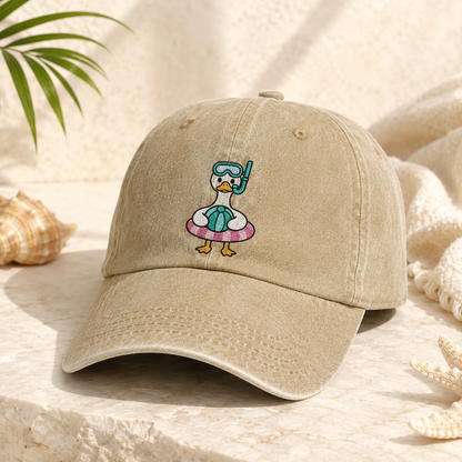 Snorkel Duck Washed Cap, Beach Bird Embroidered Summer Hat - Washed Cap - detail view
