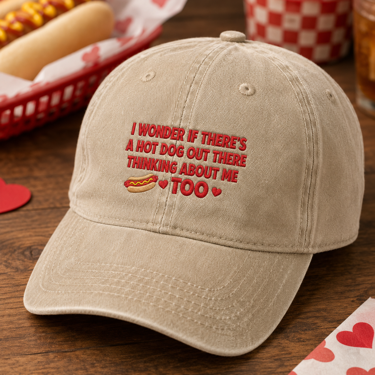 I Wonder If There's a Hot Dog Out There Thinking About Me Too Washed Cap, Picnic Date Gift - Washed Cap - detail view