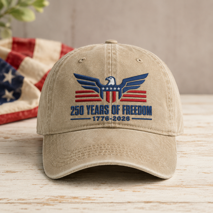 250 Years of Freedom Hat, Patriotic Eagle Washed Cap, 1776-2026 America Gift - washed cap - front view
