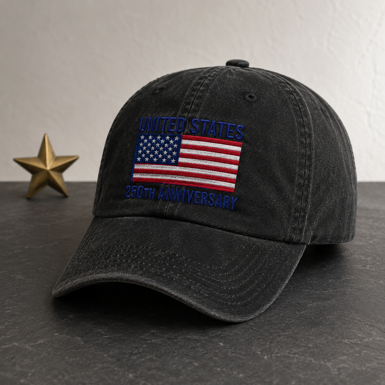 United States 250th Anniversary Washed Cap, Patriotic Flag Hat for America 250 Celebration - washed cap - detail view