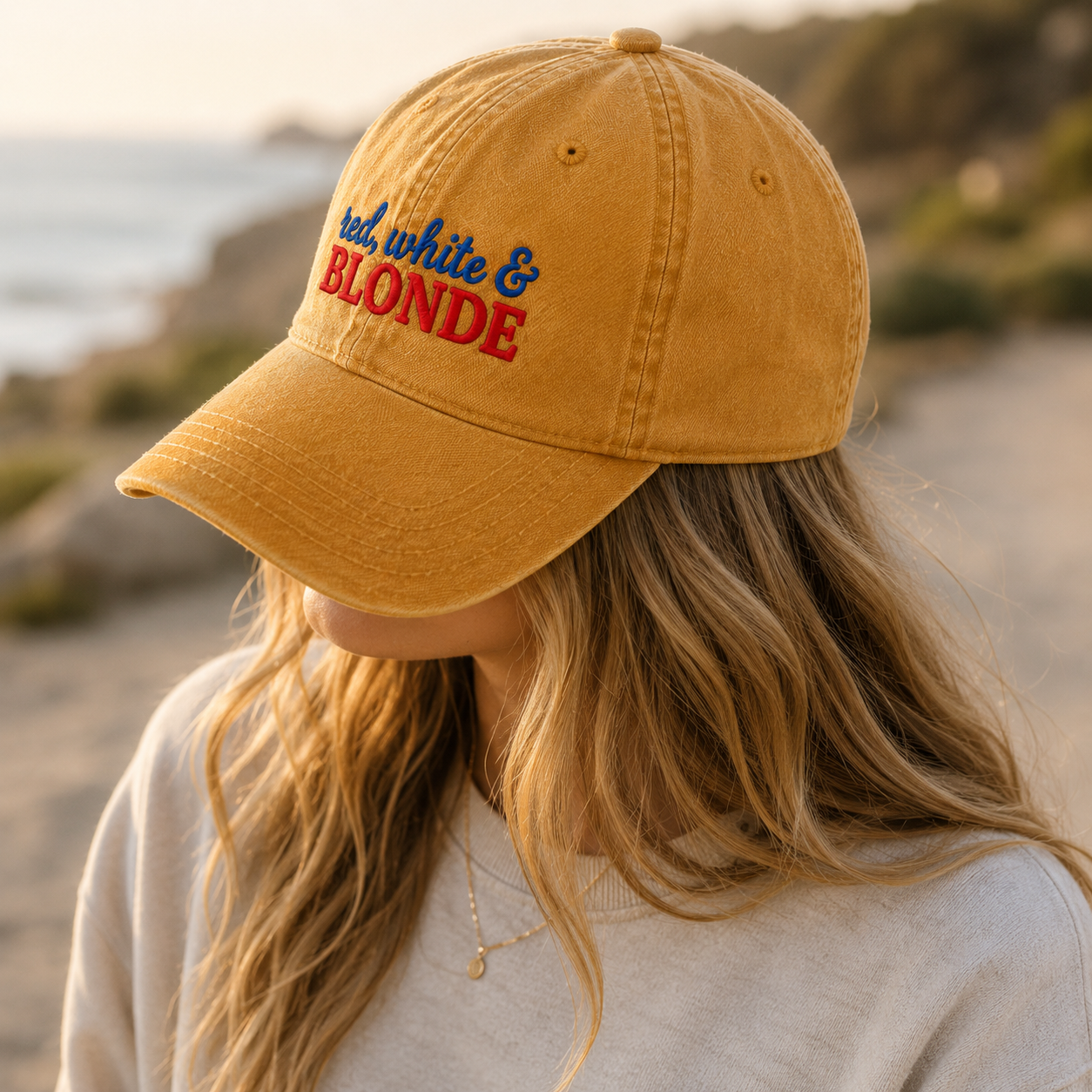 Red White & Blonde Washed Cap, Patriotic Hair Humor Hat - washed cap - detail view