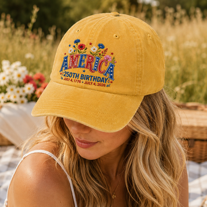 America 250th Birthday Washed Cap, Patriotic USA July 4 2026 Gift - washed cap - detail view