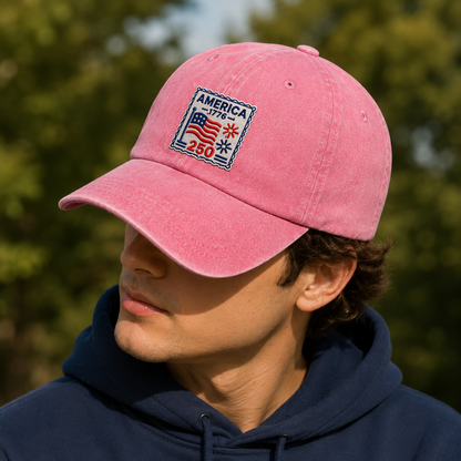 America 1776 250 Washed Cap, Patriotic USA Semiquincentennial Hat - washed cap - detail view