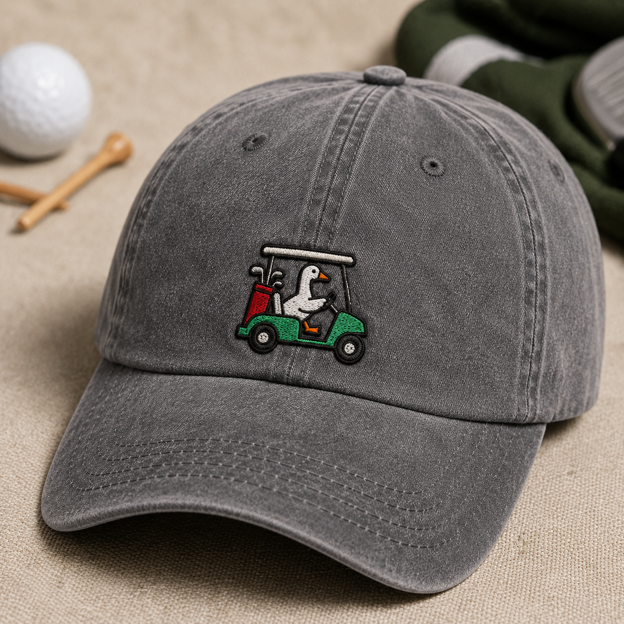 Goose Driving Golf Cart Hat, Funny Golf Dad Cap - Washed Cap - lifestyle view 2