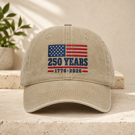 250 Years 1776-2026 USA Flag Washed Cap, America 250th Birthday Hat - washed cap - front view