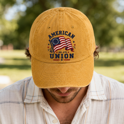 American Union Washed Cap, Est. 1776 Flag Design, Patriotic Embroidered Dad Hat - washed cap - lifestyle view 9