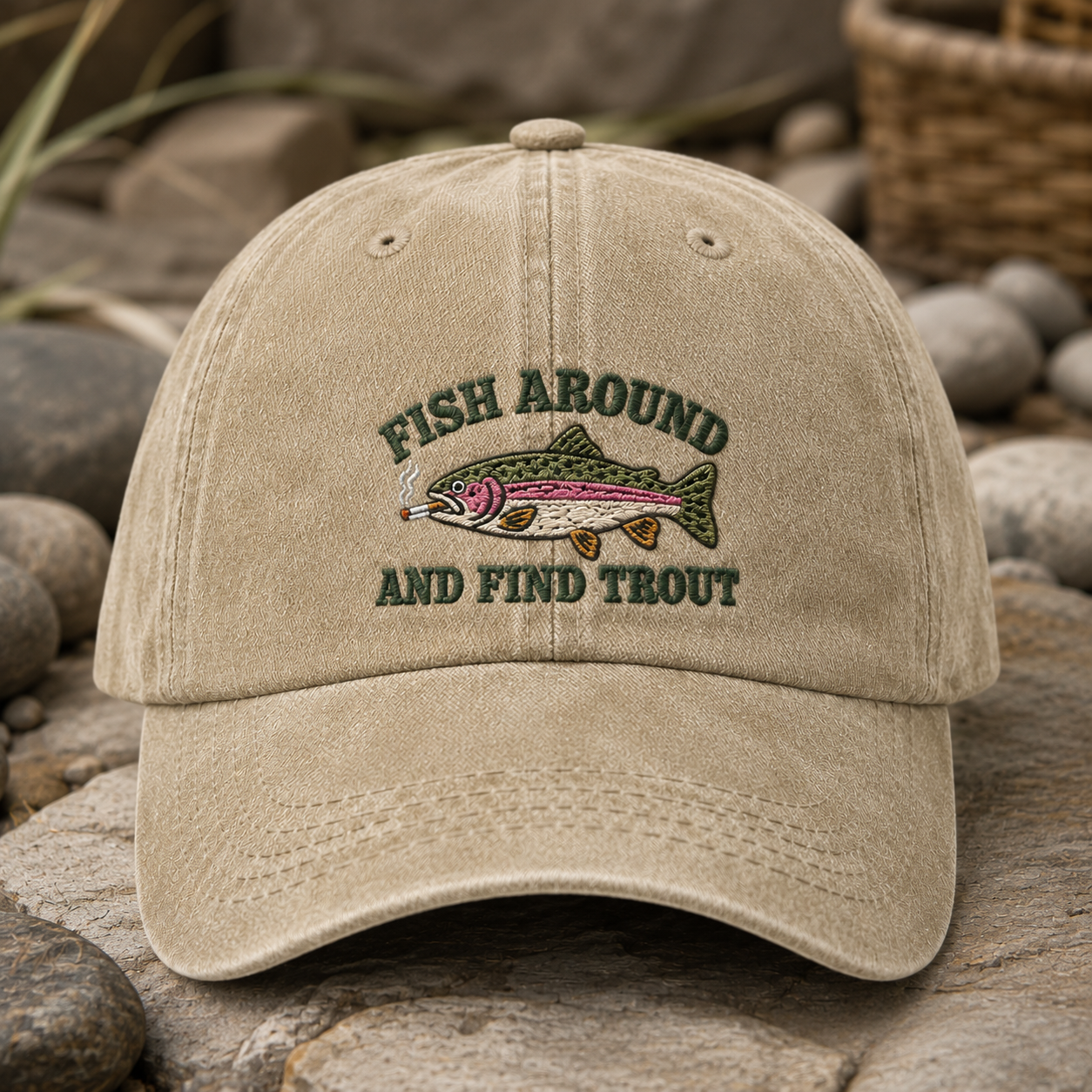 Fish Around And Find Trout Washed Cap, Funny Fishing Hat for Anglers - Washed Cap - detail view