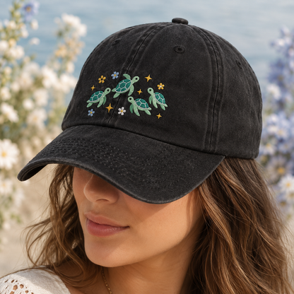 Sea Turtle Embroidered Washed Cap, Coastal Floral Dad Hat - Washed Cap - lifestyle view 3