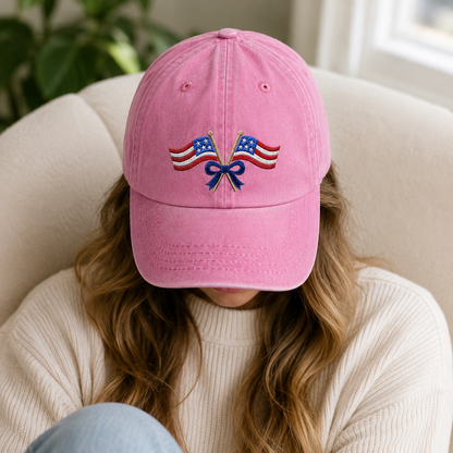 Patriotic Crossed Flags Washed Cap, USA Bow Embroidered Hat for Independence Day - washed cap - detail view
