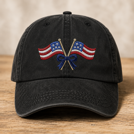 Patriotic Crossed Flags Washed Cap, USA Bow Embroidered Hat for Independence Day - washed cap - front view