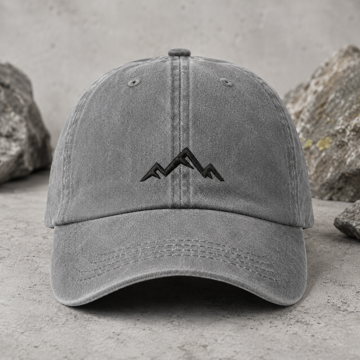 Minimalist Mountain Washed Cap, Black Embroidered Peak Hiking Hat - Washed Cap - lifestyle view 5