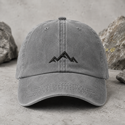 Minimalist Mountain Washed Cap, Black Embroidered Peak Hiking Hat - Washed Cap - lifestyle view 5