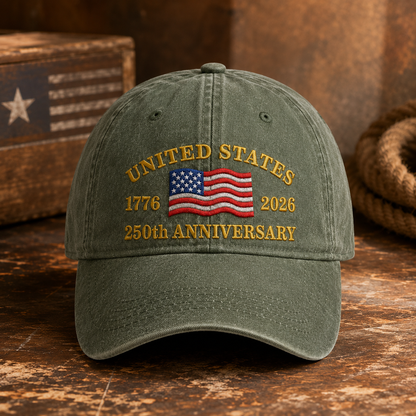 United States 250th Anniversary Washed Cap, 1776 2026 Embroidered Flag Hat - washed cap - lifestyle view 5