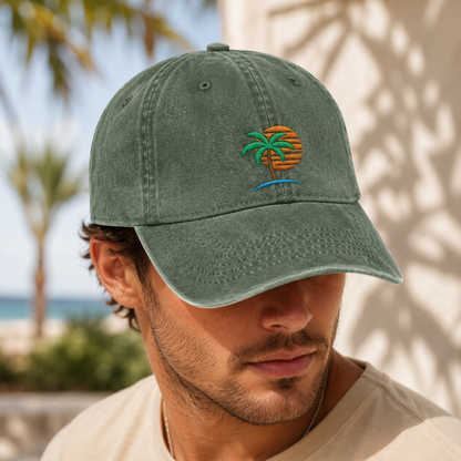 Palm Tree Sunset Washed Cap, Tropical Beach Hat for Vacation Lovers - Washed Cap - lifestyle view 3