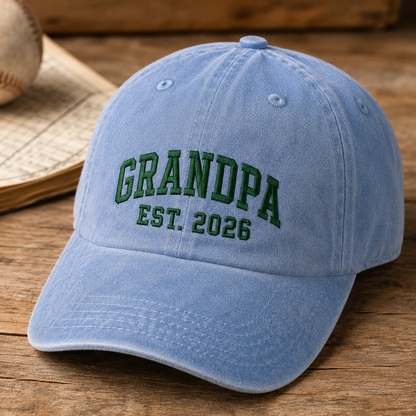 Grandpa Est 2026 Washed Cap, Embroidered New Grandfather Hat - Washed Cap - detail view