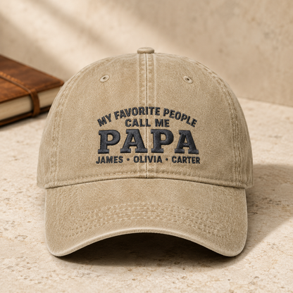 My Favorite People Call Me Papa Washed Cap, Personalized Grandpa Hat with Grandkids Names - Washed Cap - lifestyle view 2