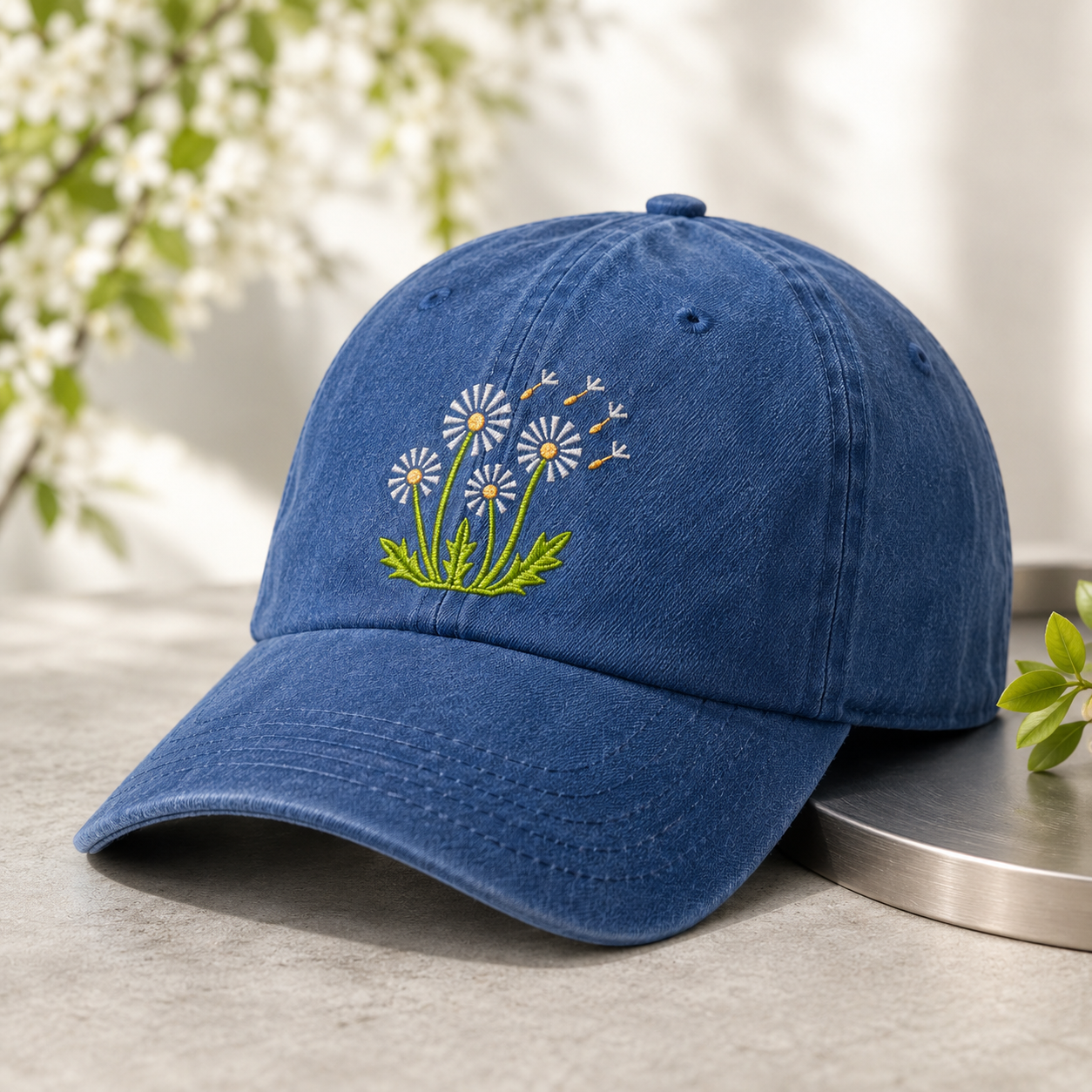 Dandelion Embroidered Washed Cap, Floral Daisy Baseball Hat for Garden Lovers - washed cap - lifestyle view 5