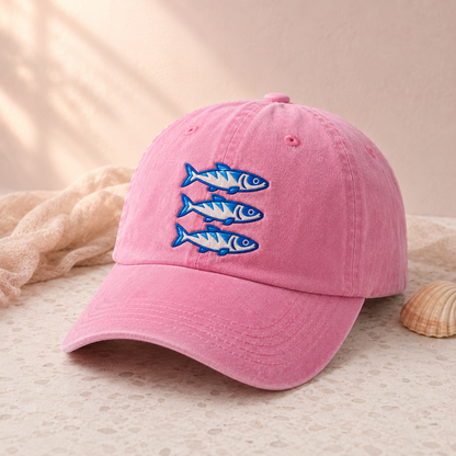 Three Blue Sardines Washed Cap, Embroidered Fish Hat for Seafood Lovers - Washed Cap - lifestyle view 5