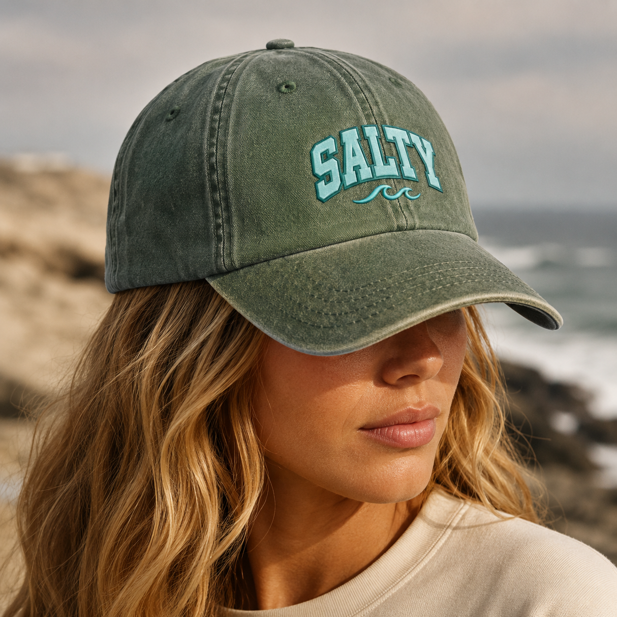 Salty Washed Cap, Embroidered Wave Beach Hat for Coastal Style - Washed Cap - lifestyle view 4