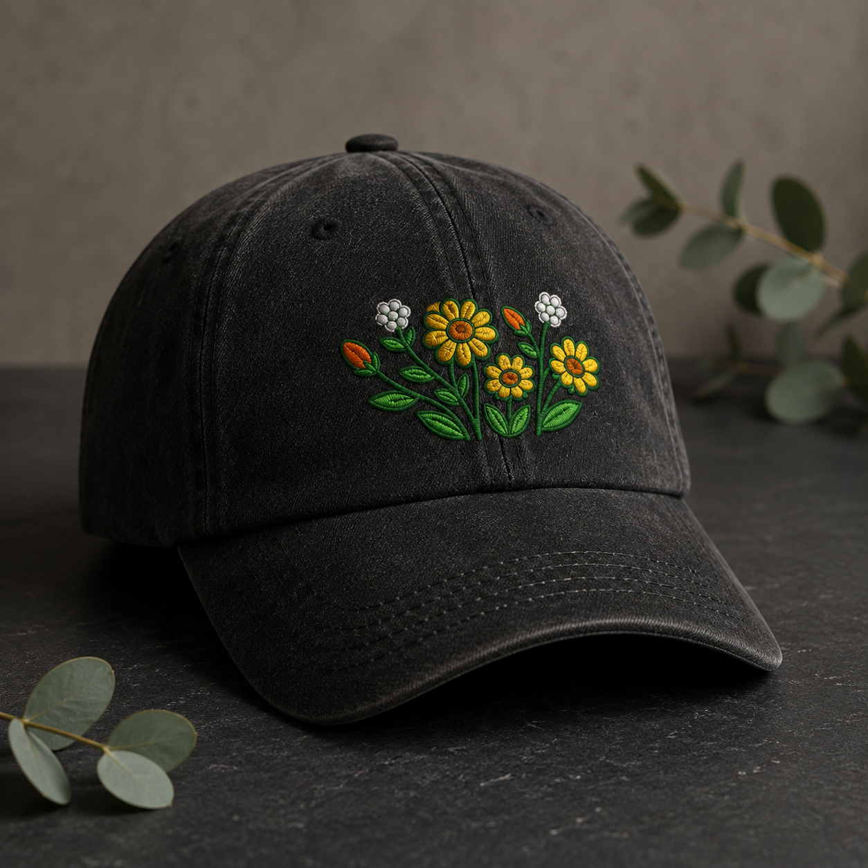 Daisy Wildflower Embroidered Washed Cap, Botanical Garden Gift - washed cap - lifestyle view 4